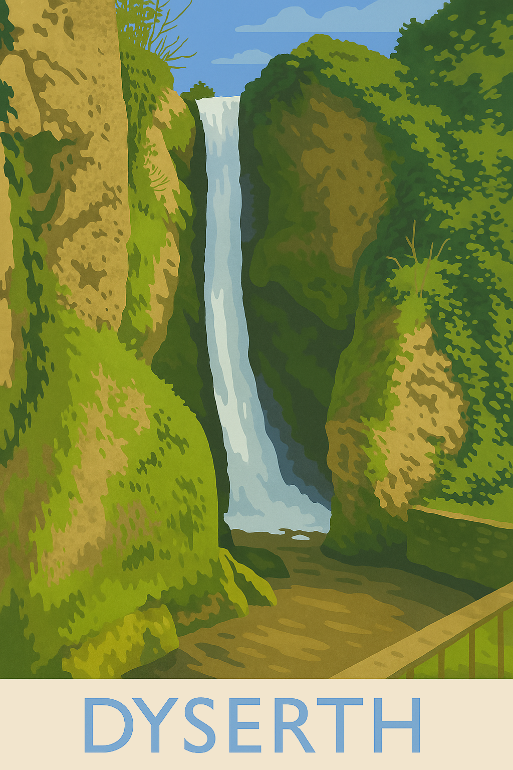 Stylised Welsh art print of Dyserth Waterfall