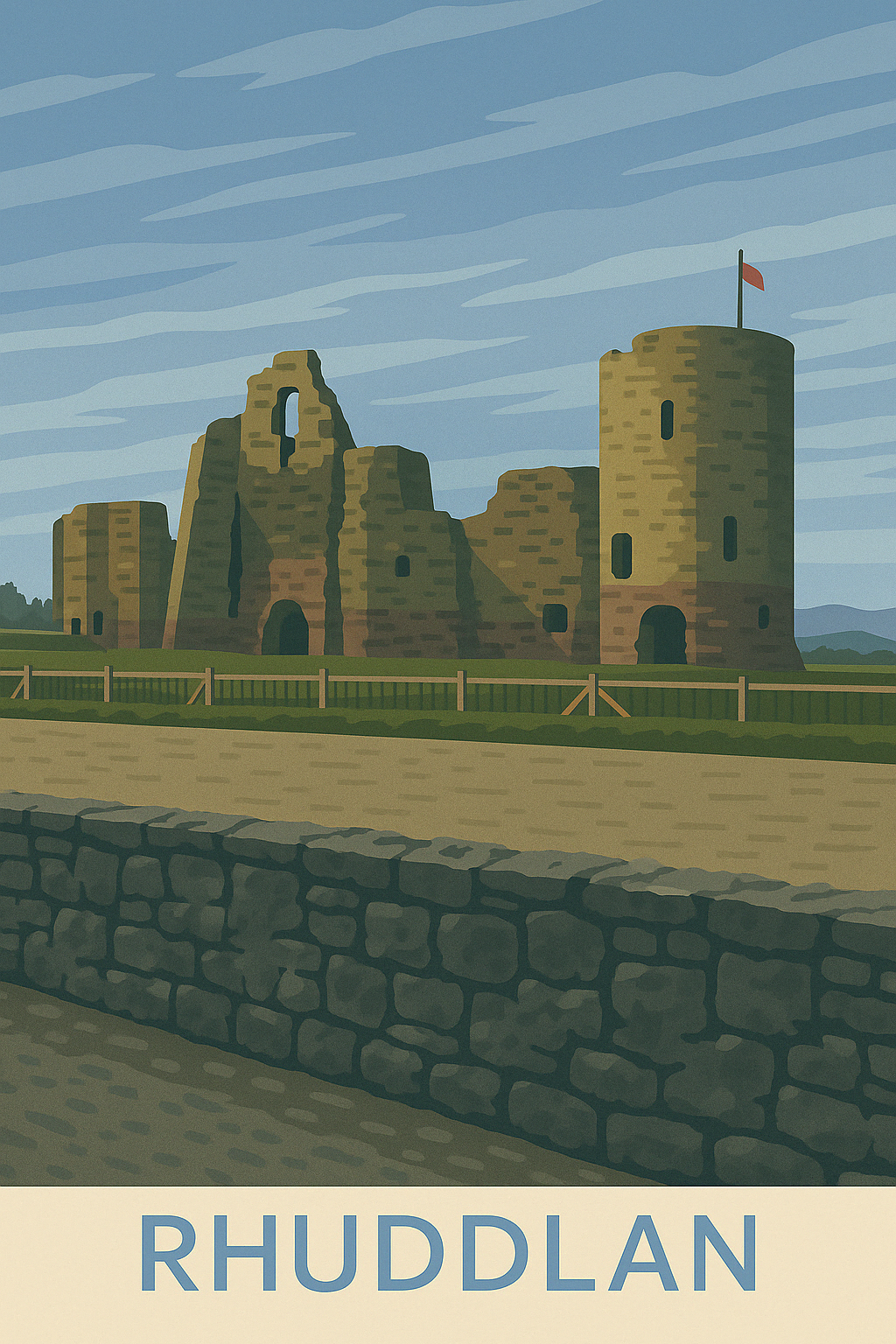 Stylised Welsh art print of Rhuddlan Castle road view in North Wales