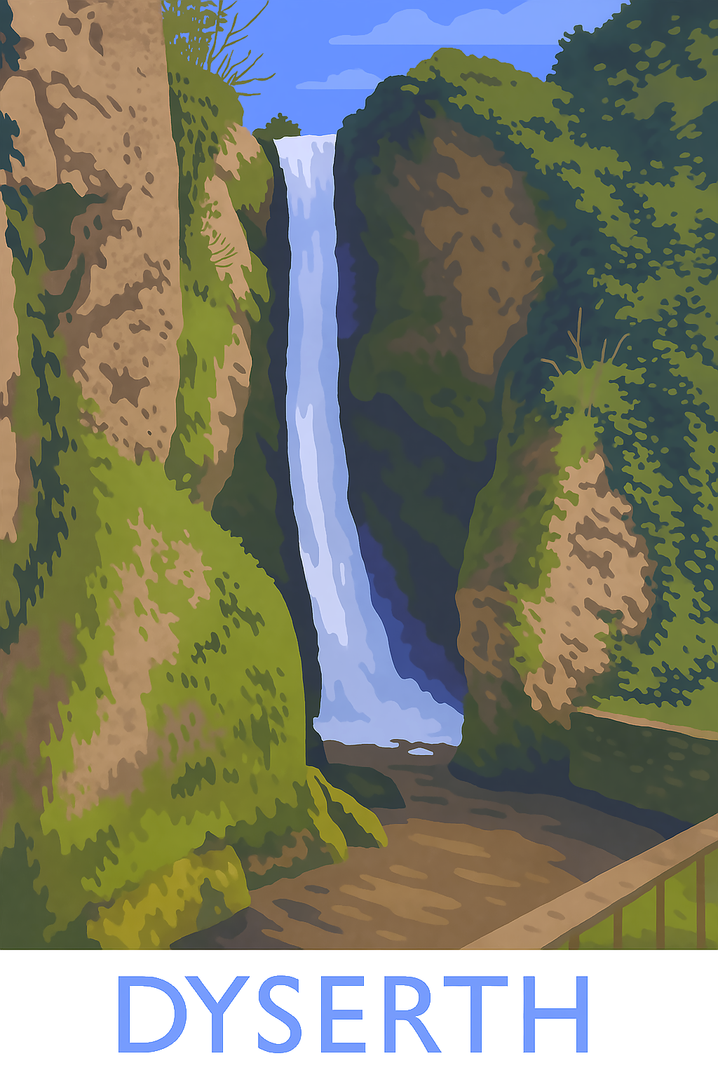 Stylised Dyserth Waterfall art print in vintage poster style