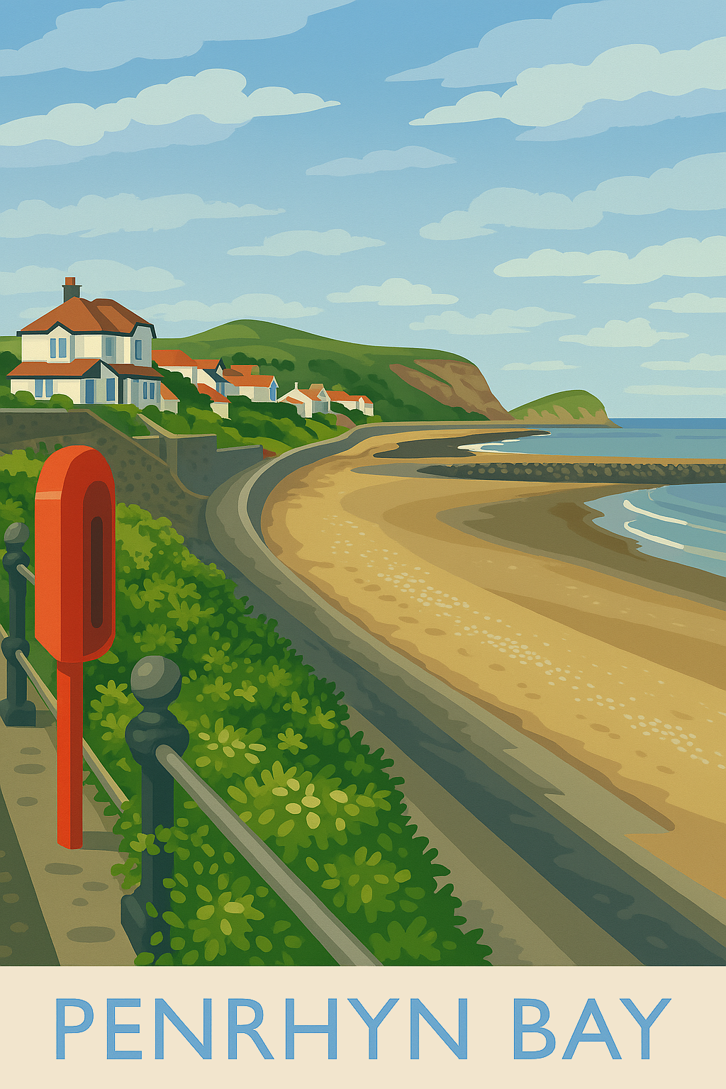 Stylised Penrhyn Bay coastal curve art print