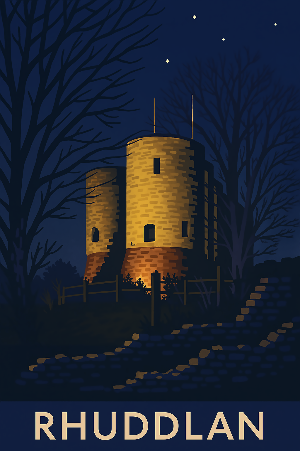 Stylised Rhuddlan Castle night scene art print