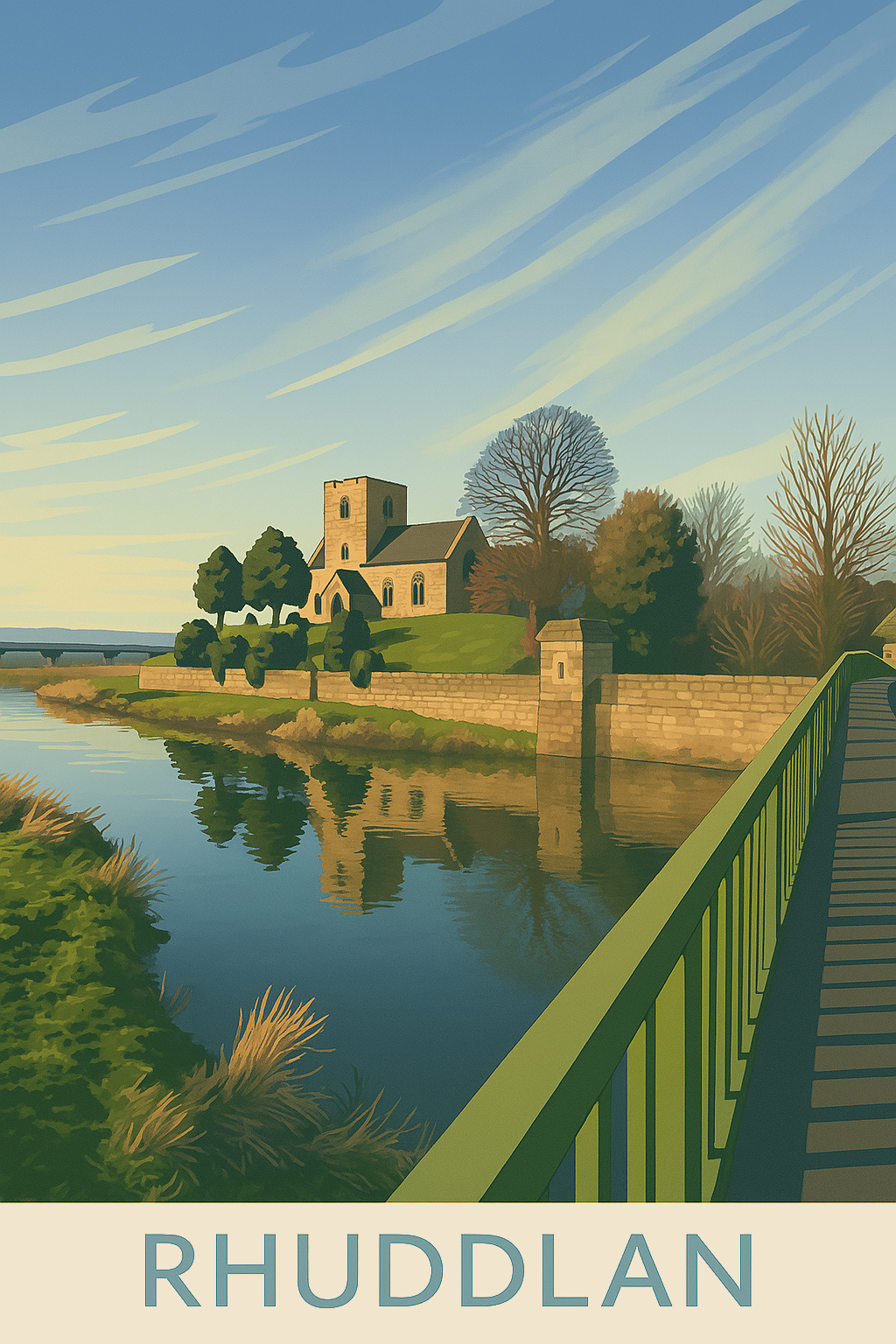Stylised Rhuddlan Church riverside art print